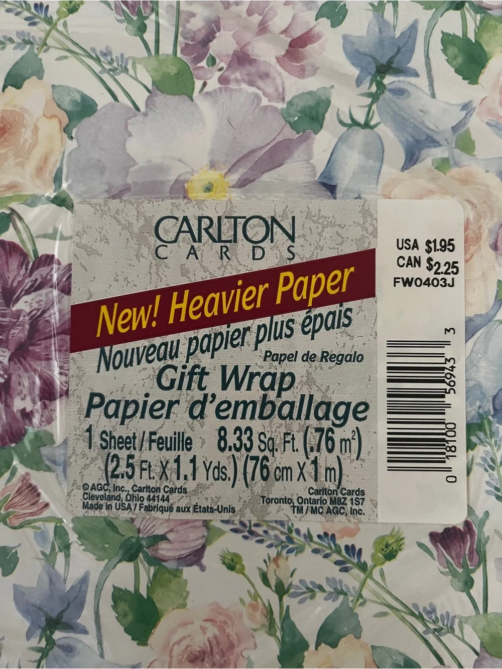 Vintage Carlton Cards Floral Pastel Watercolor Gift Wrap 1 Sheet 8.33 sq ft